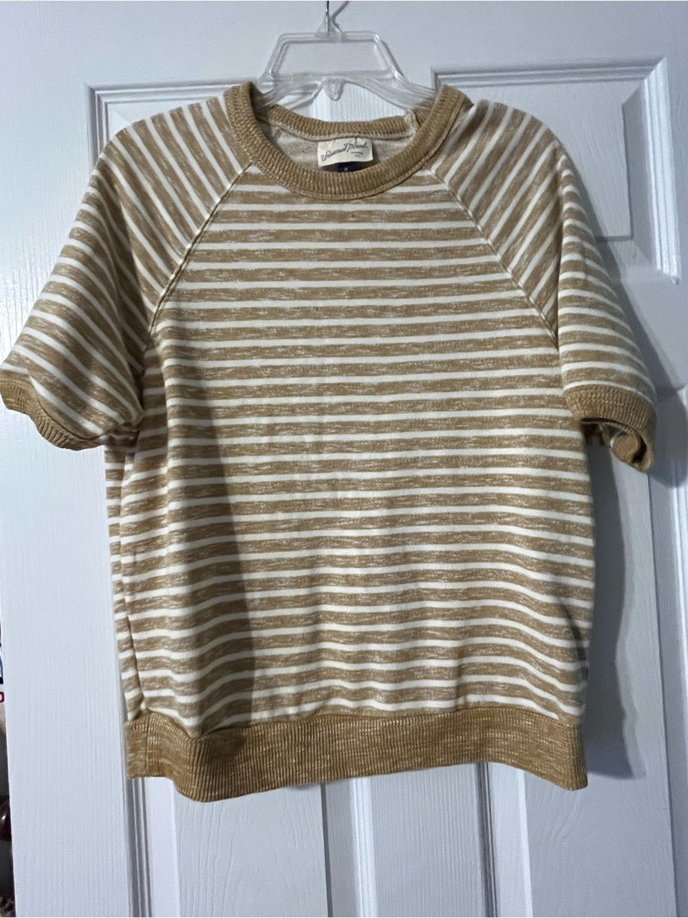 Universal Thread womens Short-Sleeve Crewneck Sweater in Beige and White Stripes